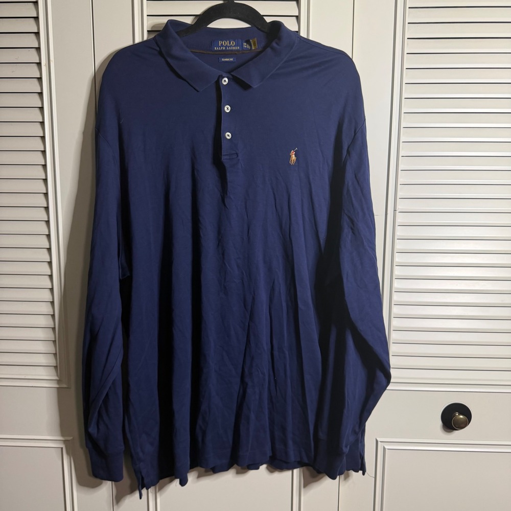 Polo Ralph Lauren Mens XXL Navy Blue Long Sleeve Henley Shirt Flesh Pony Cotton